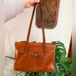 Patricia Nash Brown Leather Studded Shoulder Bag | Flap Satchel | Vintage Style